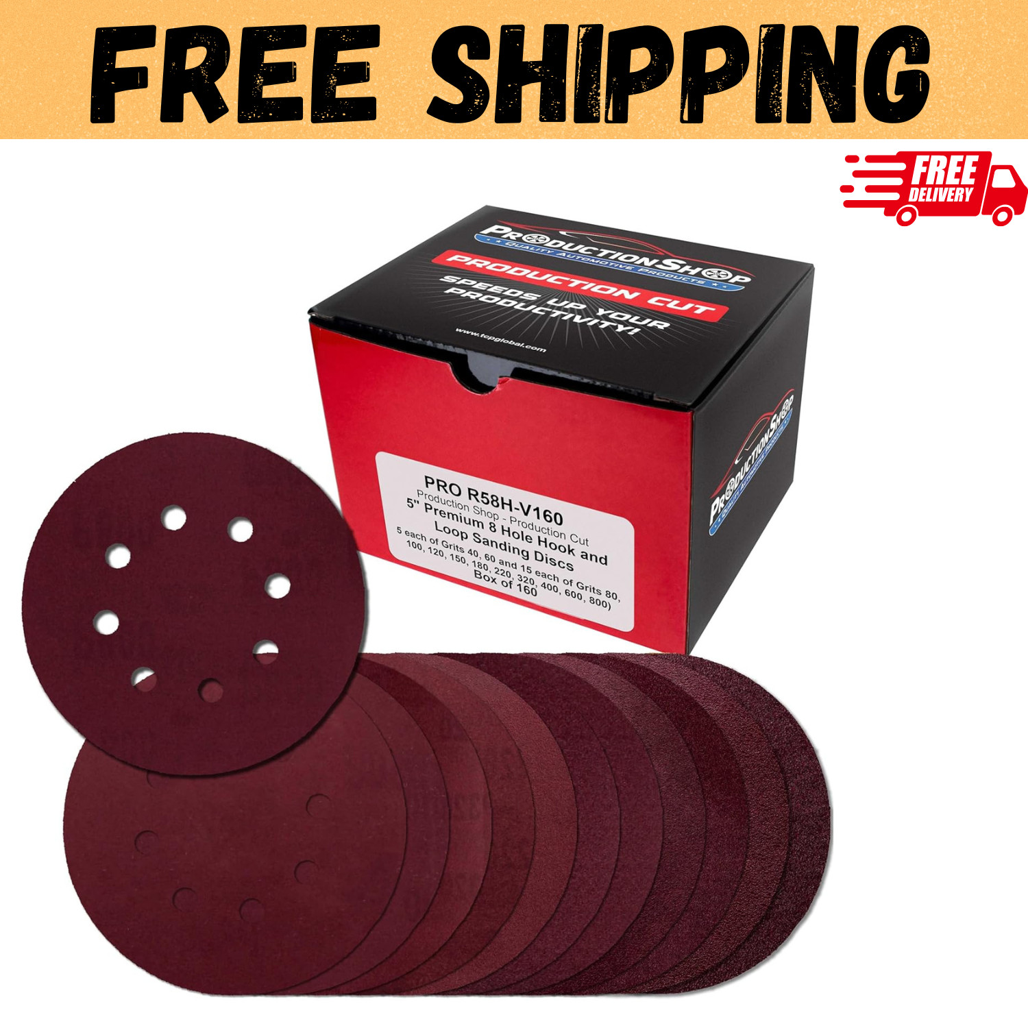 160 Pack 5 inch Sanding Discs 8-Hole Red Variety Pack Grit, Hook ,Loop Sandpaper