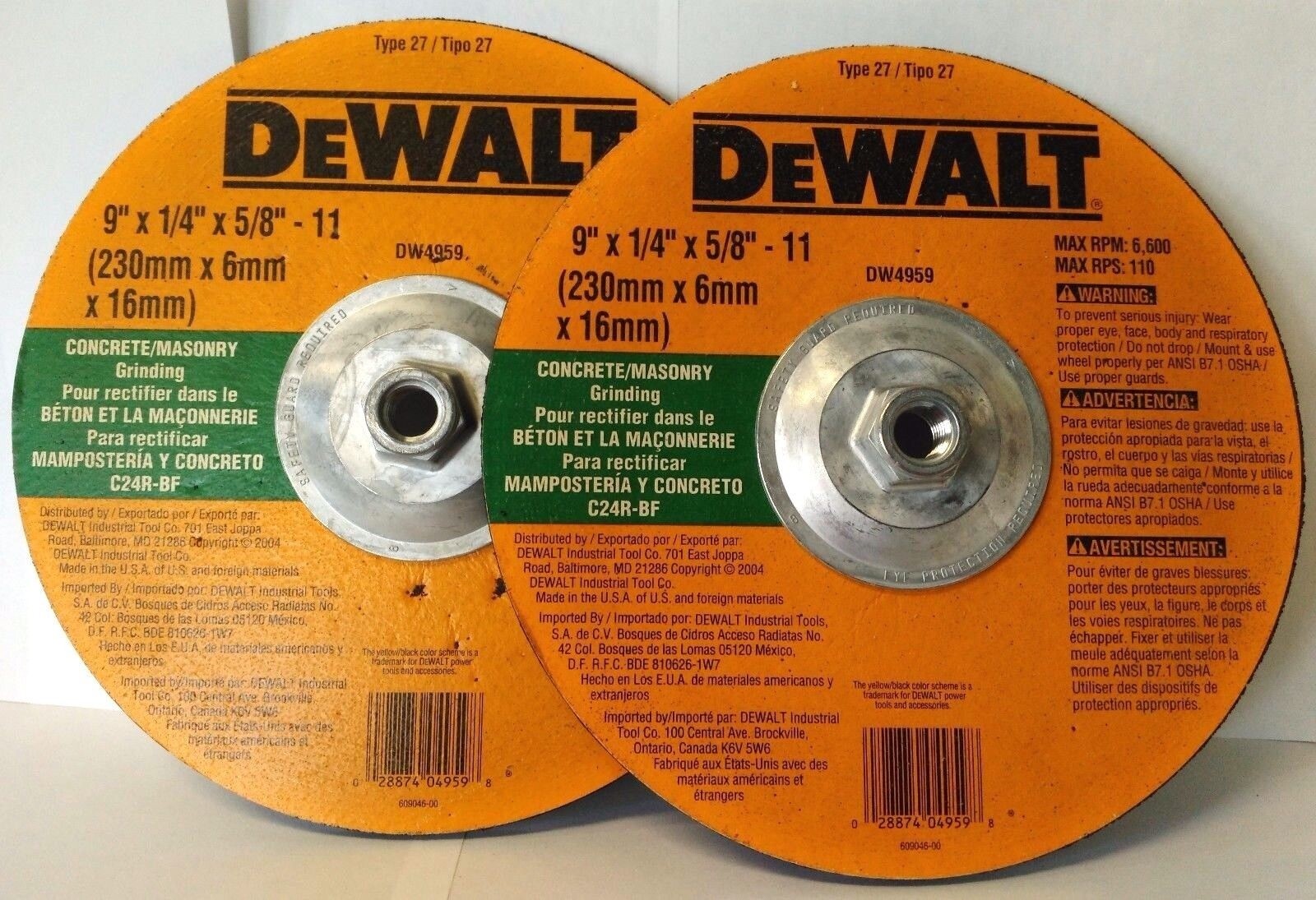 DeWalt DW4959 9″ x 1/4″ x 5/8″-11 Concrete / Masonry Grinding Wheels USA 2PCS