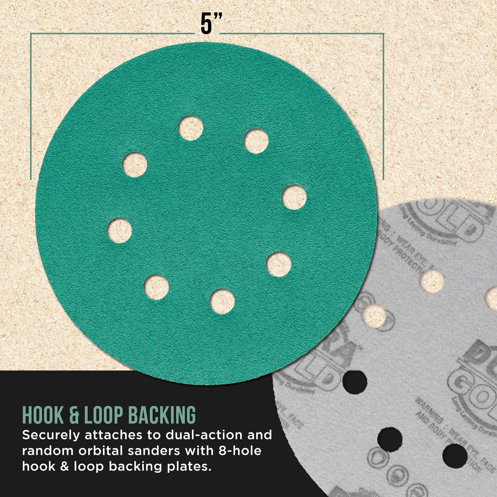 80 Grit 5″ Green Sanding Discs, 8-Hole, Box of 50 – Hook & Loop Sandpaper