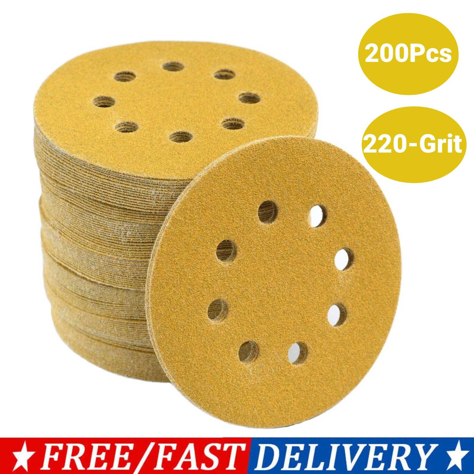 200Pcs 5″ Sanding Discs 220 Grit Hook Loop 8-Hole Sandpaper Orbital Sander Paper
