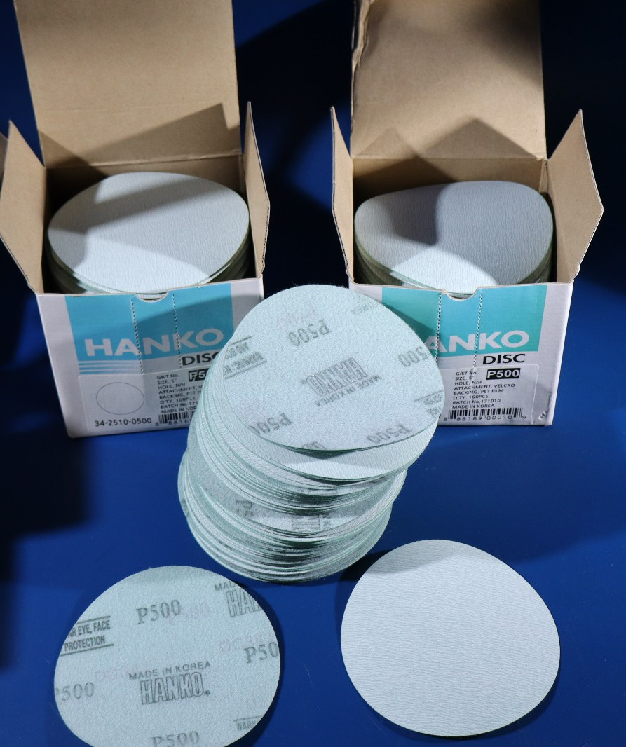 Hanko Disc 5″Grit P500 Hole N/H Attachment Velero Backing pet Film Lot of 300