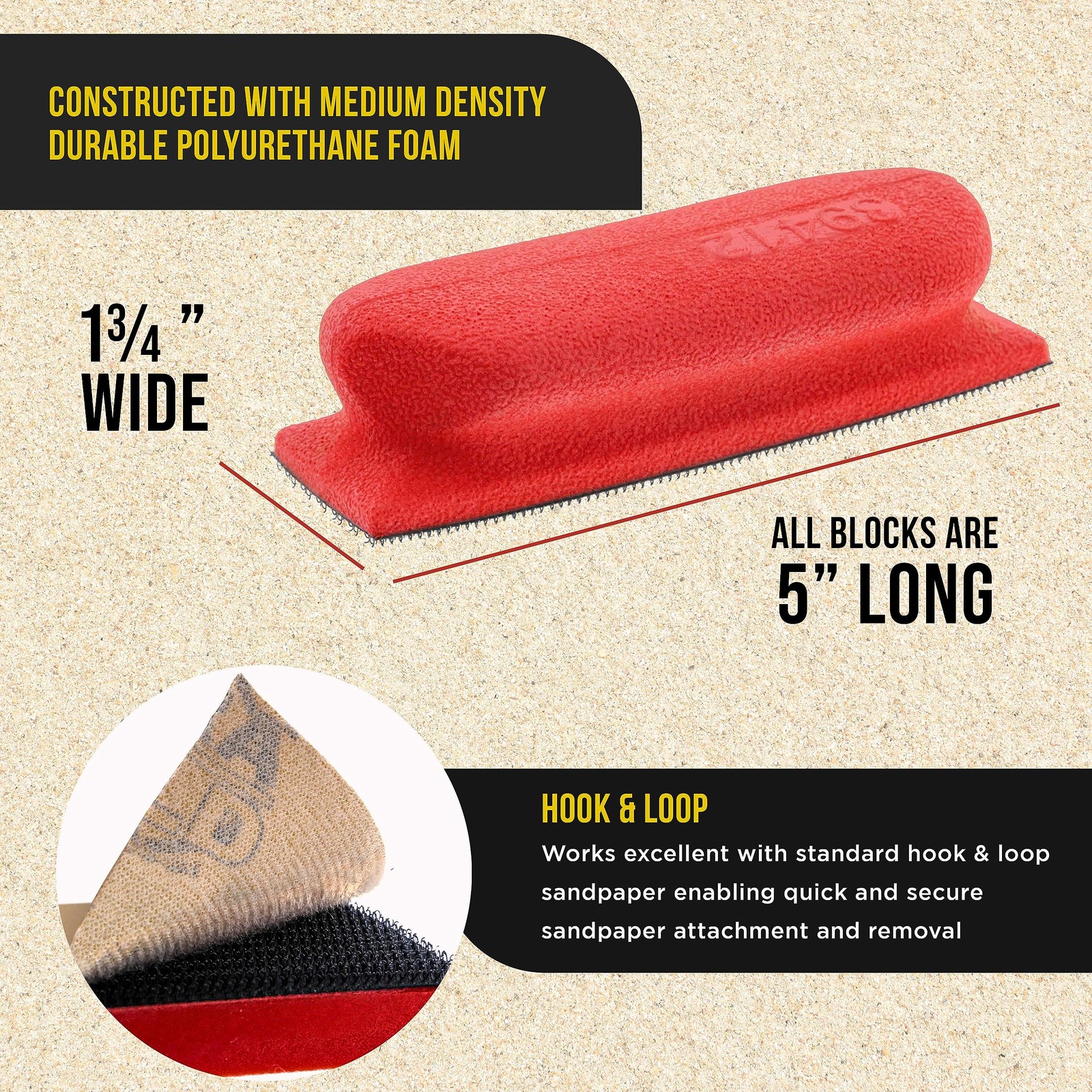 Series Rectangle 5″ x 1-3/4″ Hand Sanding Block Base Handle with Hook & Loop …