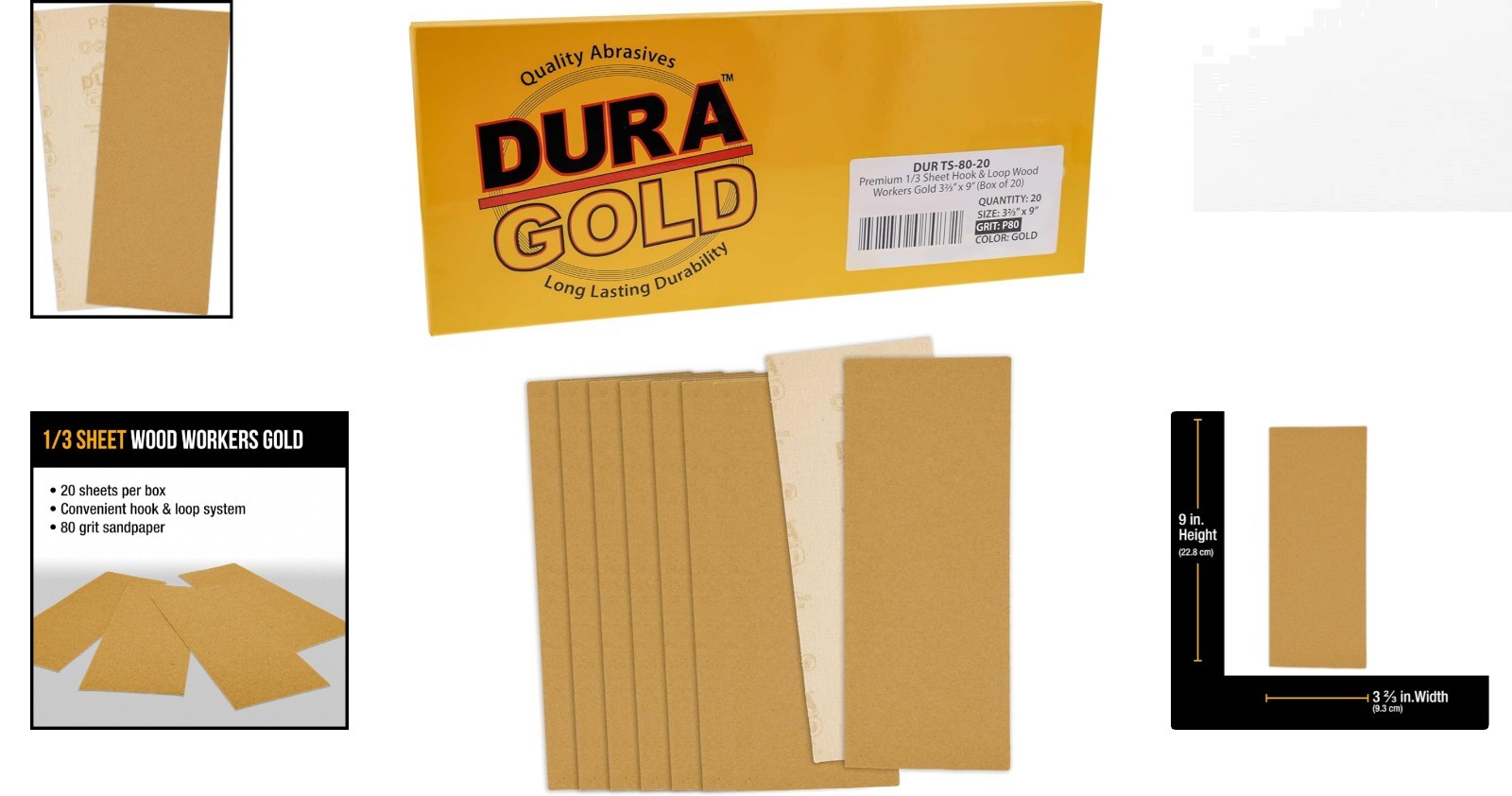 Dura-Gold 80 Grit 1/3 Sheet Gold Sandpaper—Box of 20 for Ultimate Performance