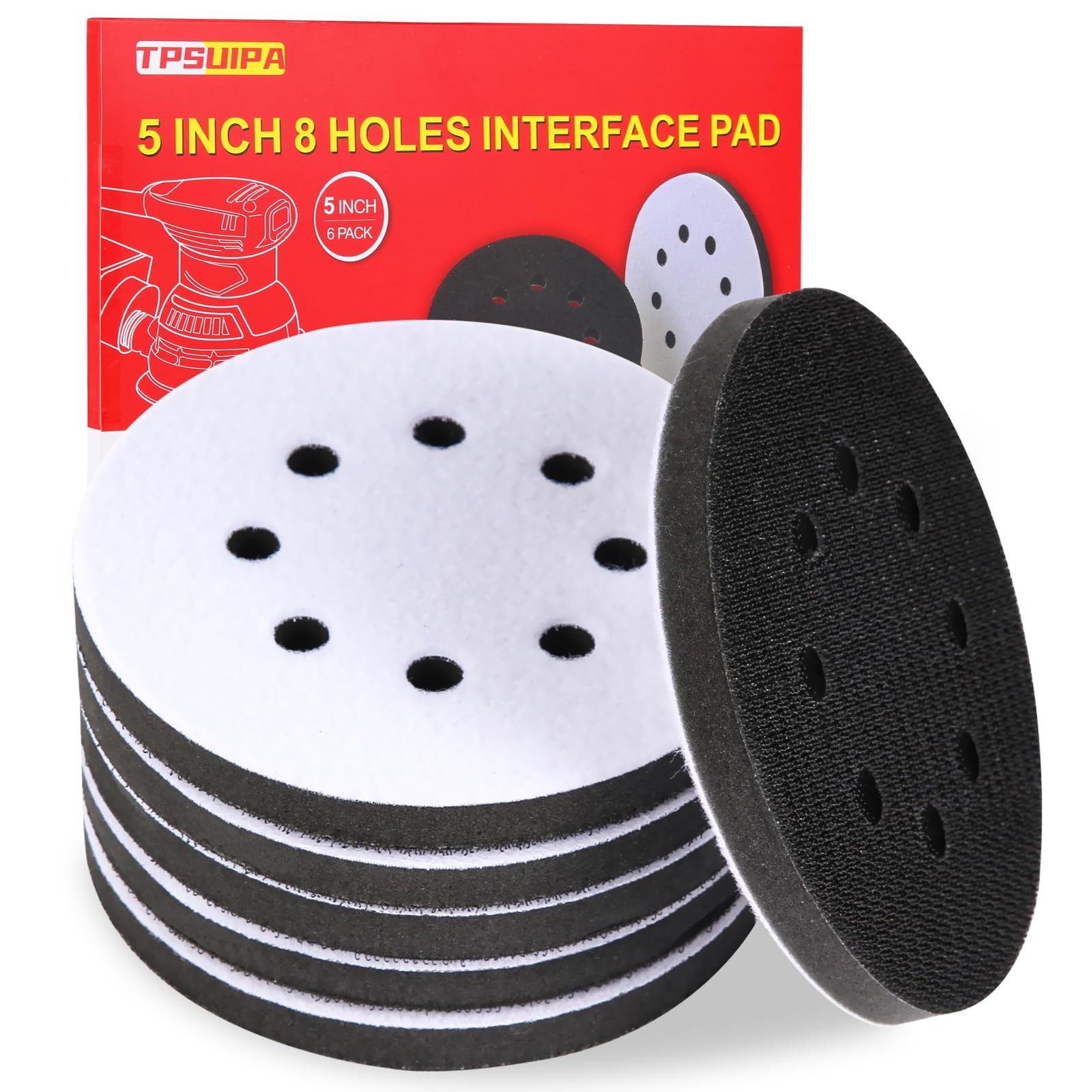 TPSUIPA 6 Pack 5 Inch 8 Holes Interface Pad, 5” Orbital Sander Foam Pad for i…