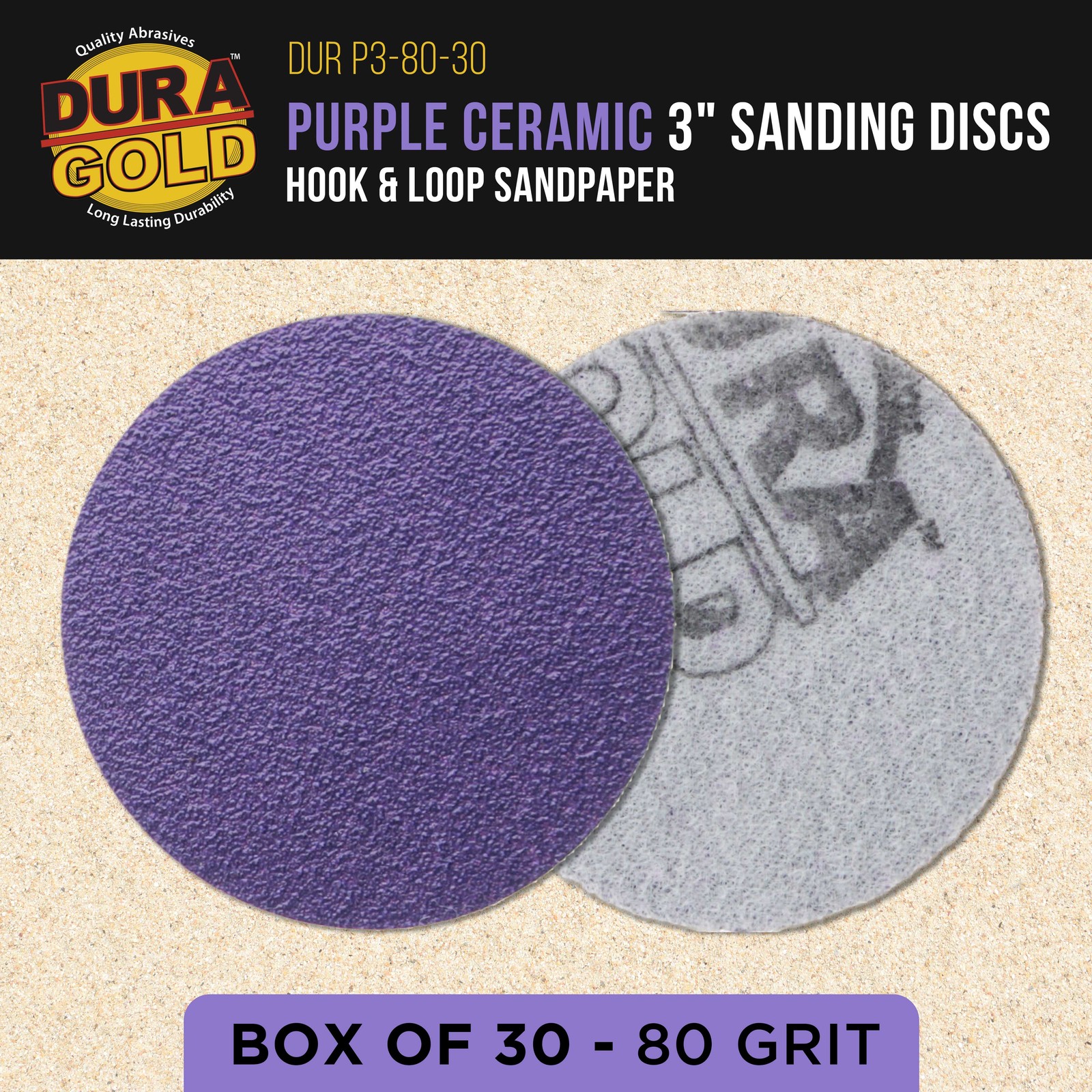 80 Grit 3″ Purple Ceramic Sanding Discs, Box of 30 – Hook & Loop Sandpaper