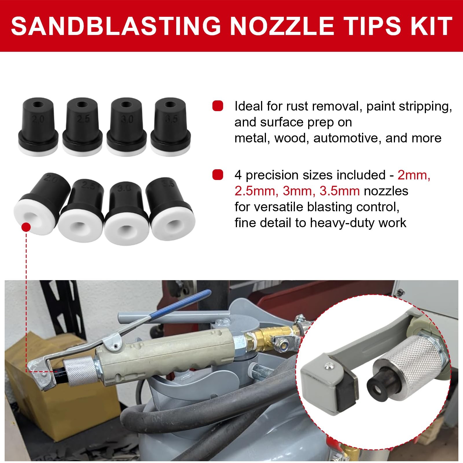 Sandblasting Nozzle Tips Kit, Abrasive Blast Sandblaster Gun Black, White