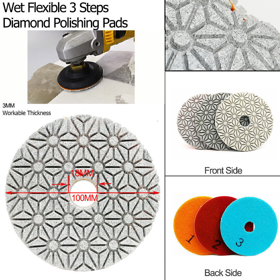 SHDIATOOL 10sets 4inch Flexible 3 Steps Diamond Polishing Pads Wet Sanding Discs