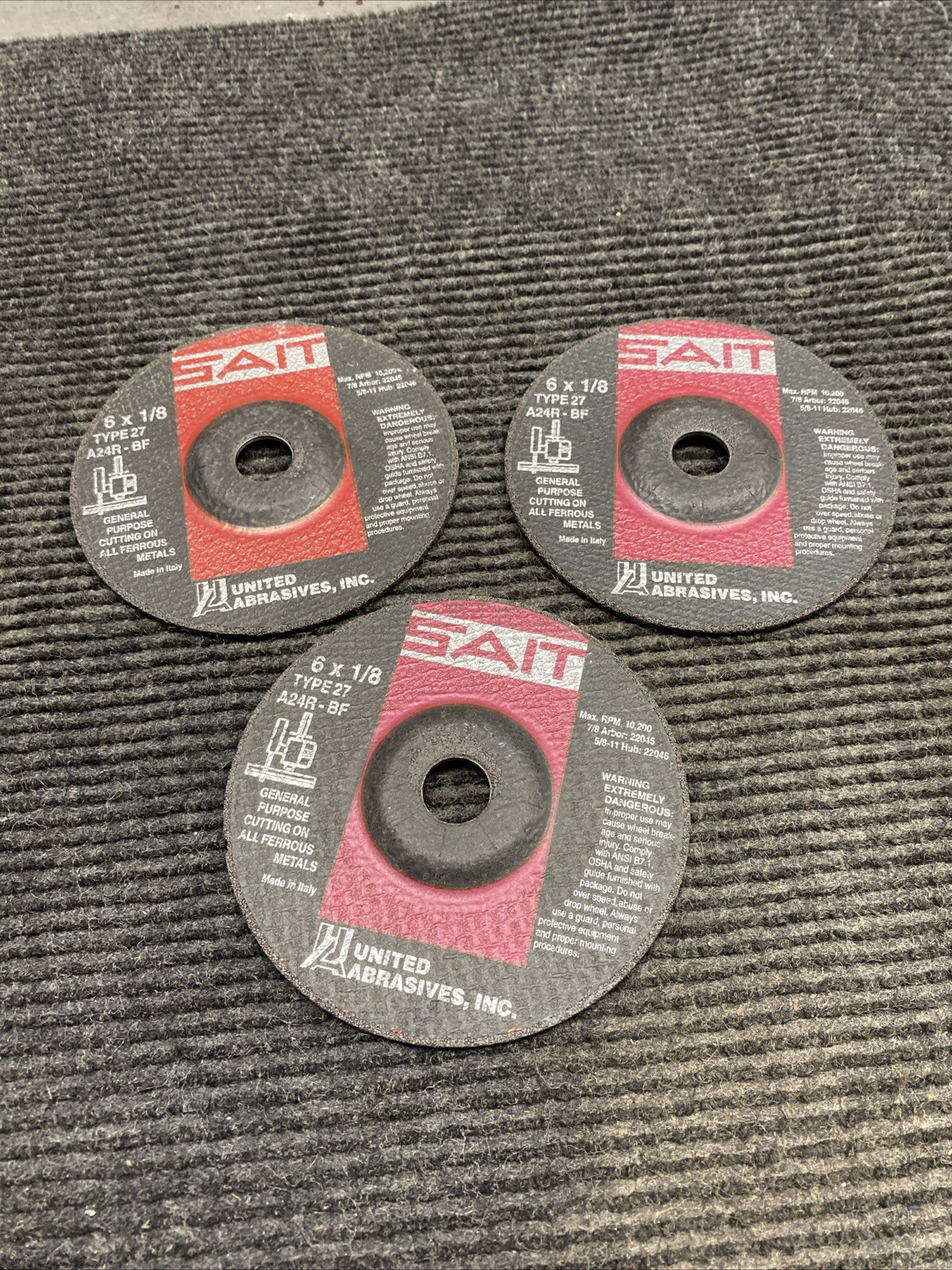 NOS Lot of 3 SAIT Grinding Wheel A24R-BF Max RPM 10,200 6 x 1/8