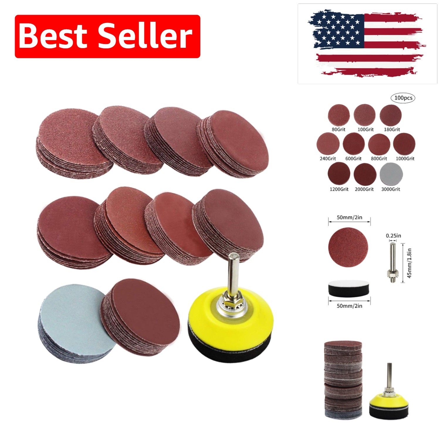 100pcs 2 Inch Drill Sander Attachment with Backer Plate 1/4″ Shank Sanding Di…