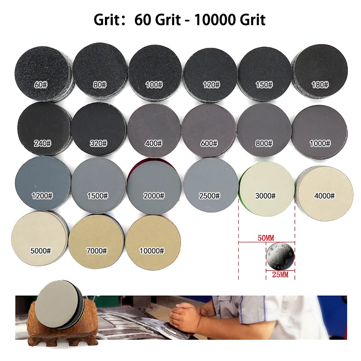 2 inch（50mm）Hook Loop Sanding Discs 60 – 10000 Grit Wet Dry Sandpaper，Burnishing