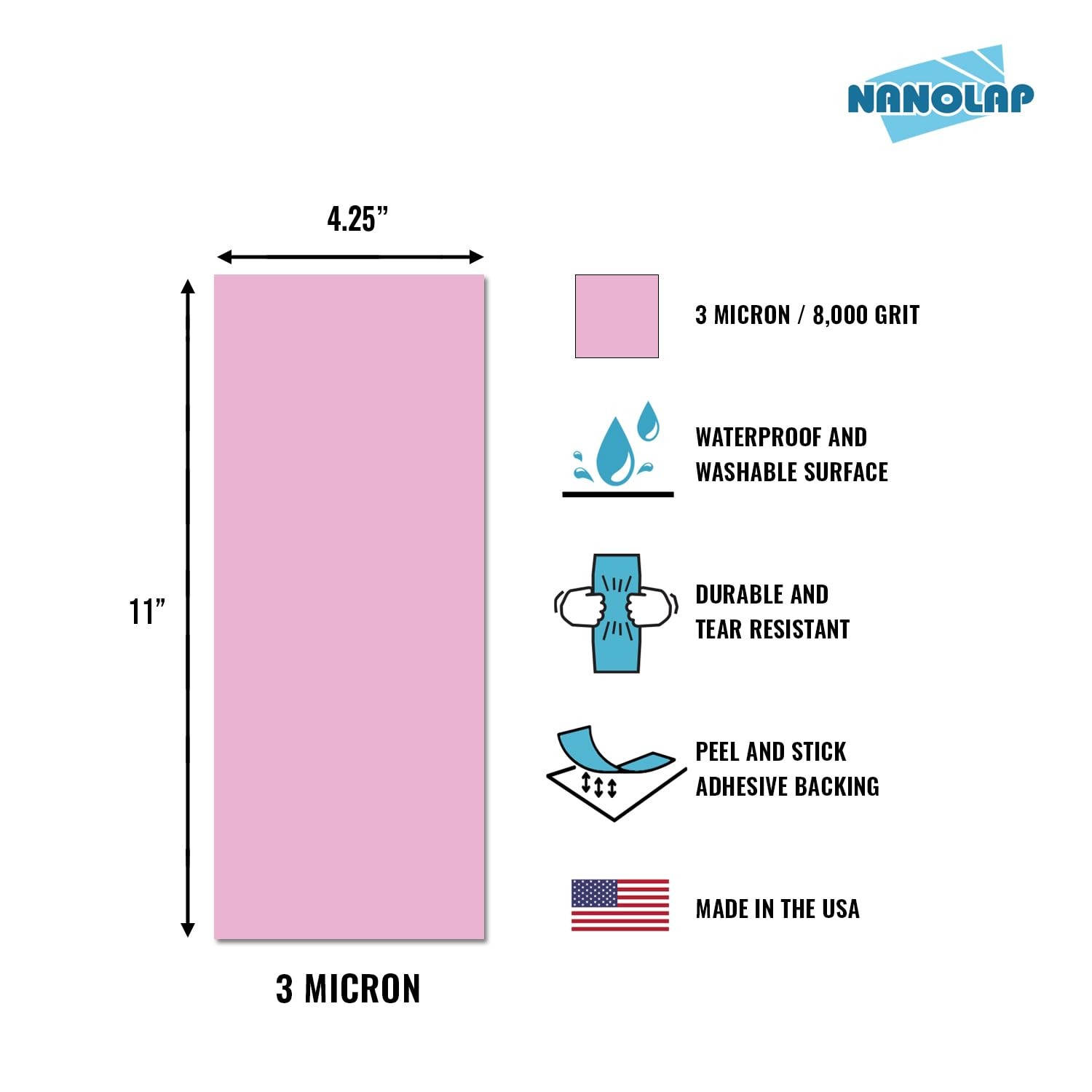 NANOLAP PSA Lapping Film, 5 4.25 x 11 inches (pre-overlap dimensions), Pink