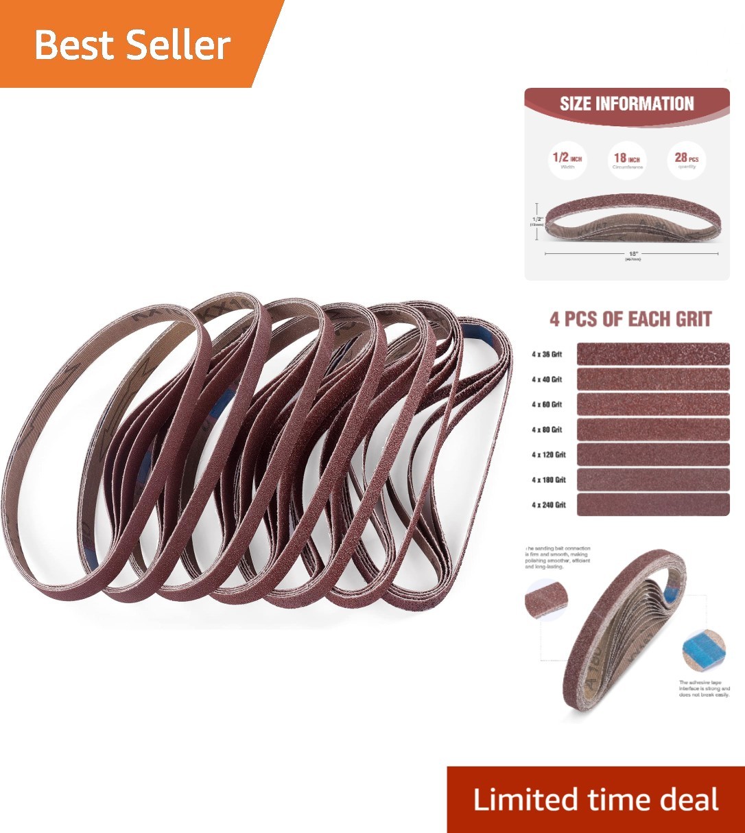 Long-Lasting 1/2×18 Inch Sanding Belts Set – 28 Pcs for Smooth Finishing Touches