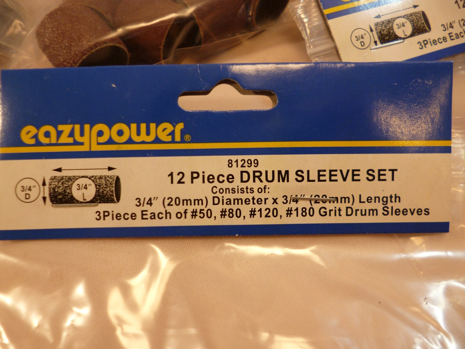 72 ASSORTED 3/4″ X 3/4″ SANDING DRUM SLEEVES 50, 80, 120, & 180 GRIT EAZYPOWER