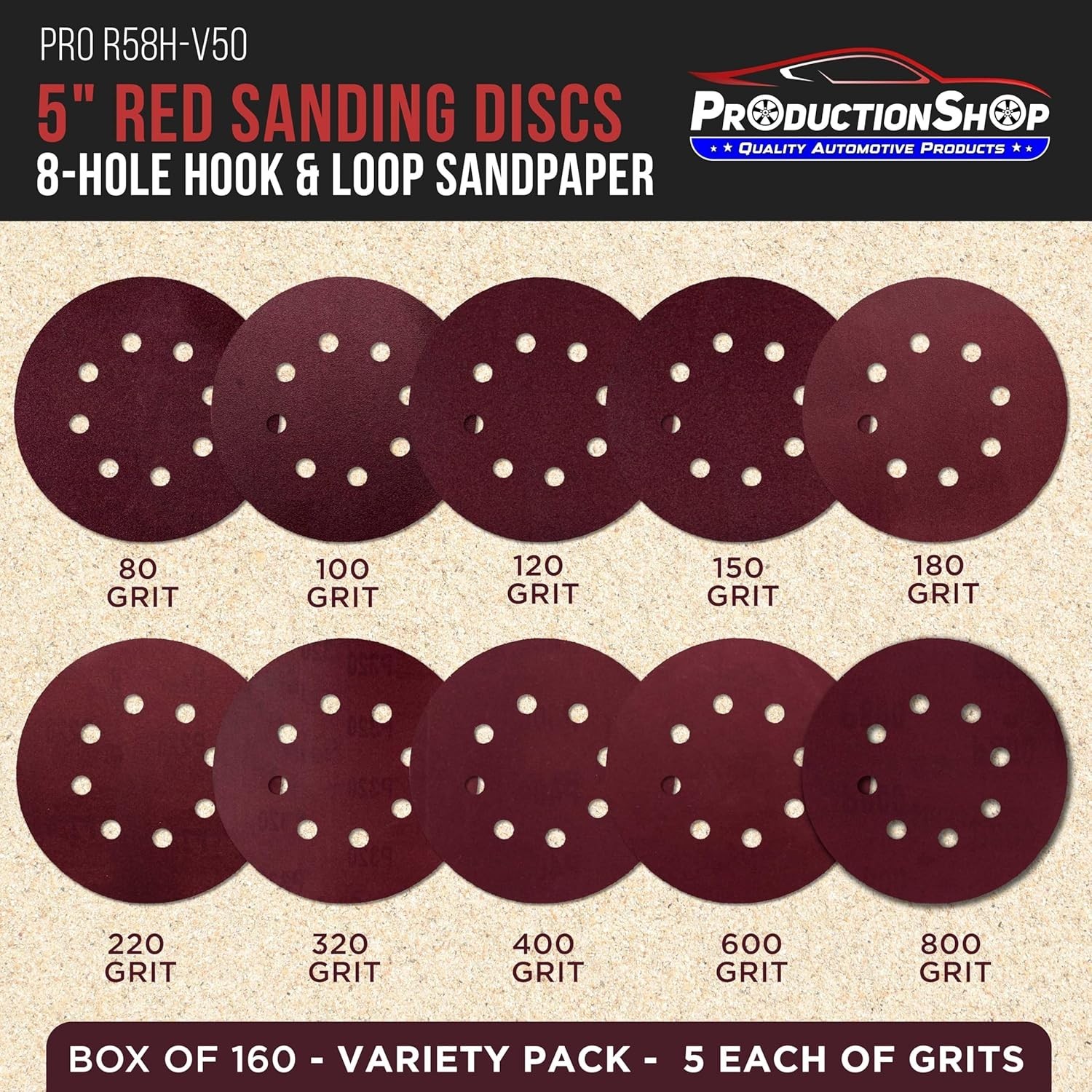 Red 5″ Sanding Discs 50 Count Variety Pack 8-Hole Hook & Loop for Random Sanders