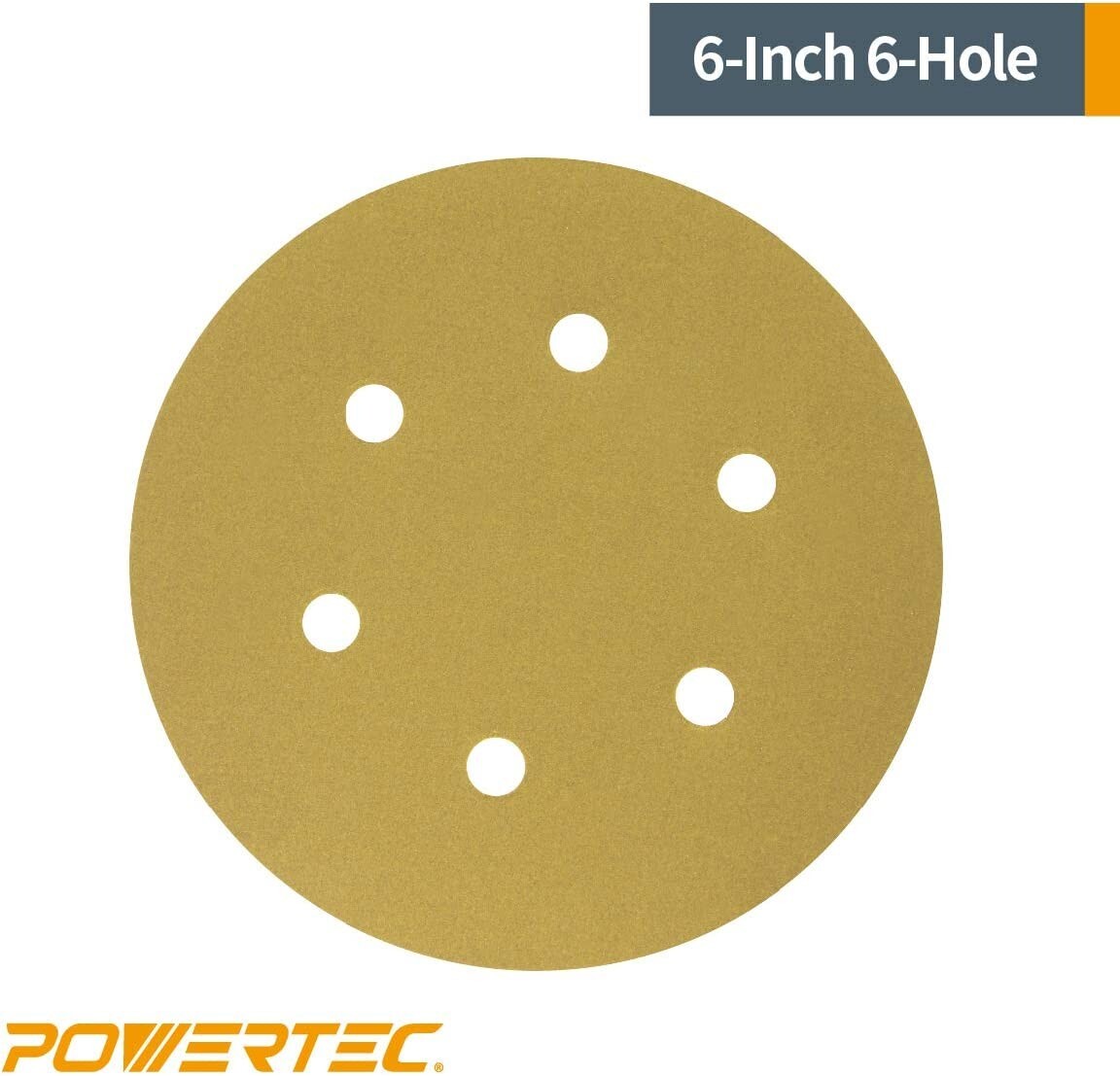 POWERTEC 45222G-50 Gold 6″ Hook and Loop Sanding Disc, 6 Hole, 220 Grit, 50 PK