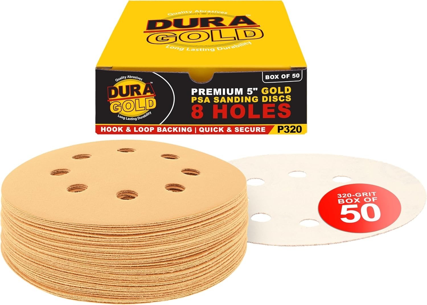 Premium 320 Grit 5″ Sandpaper Discs, 8 Hole Pattern Dustless, 50 Discs – Hook…