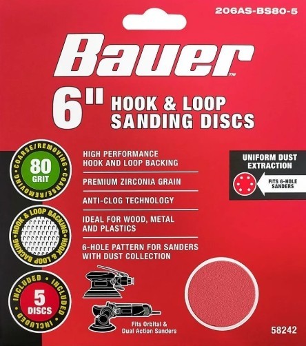 BAUER 6 in. Hook & Loop 6-Hole Zirconia Sanding Discs 5-Pack – Choose Your Grit