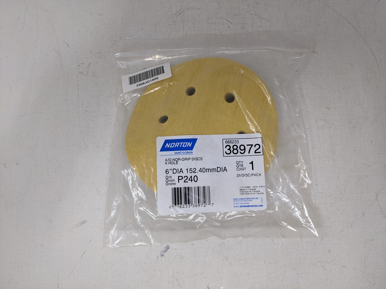 Norton Sanding Disks Nor-Grip Discs 6 Hole 6″ DIA Grit: P240 25 Pack Discs