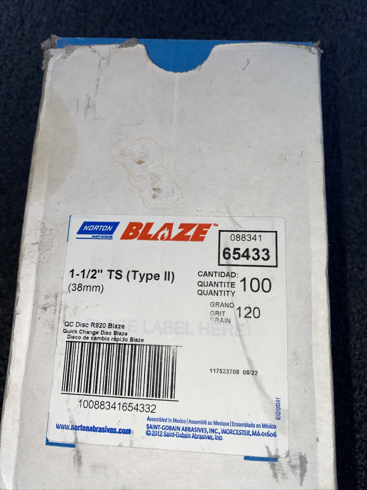 Norton Blaze 1-1/2” TS(Type II) 38mm QC Discs 120 Grit Box With 90
