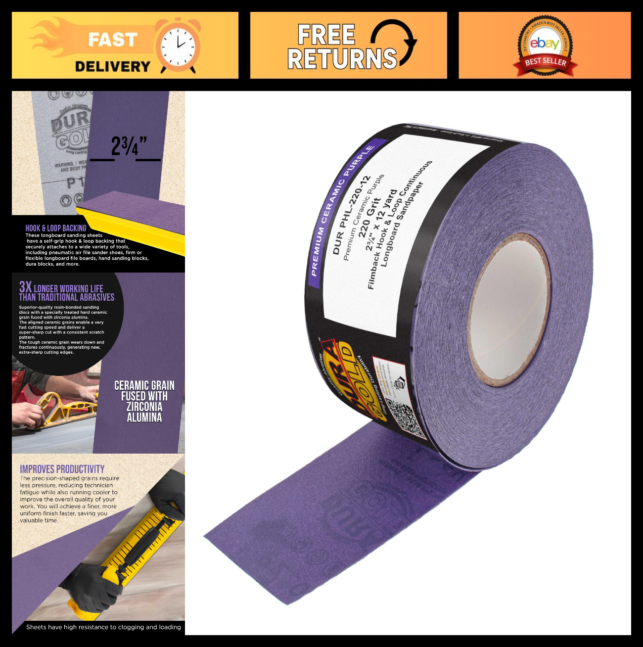 Premium 220 Grit Purple Ceramic Longboard Sandpaper Roll – 2-3/4″ x 12 Yards, Ho