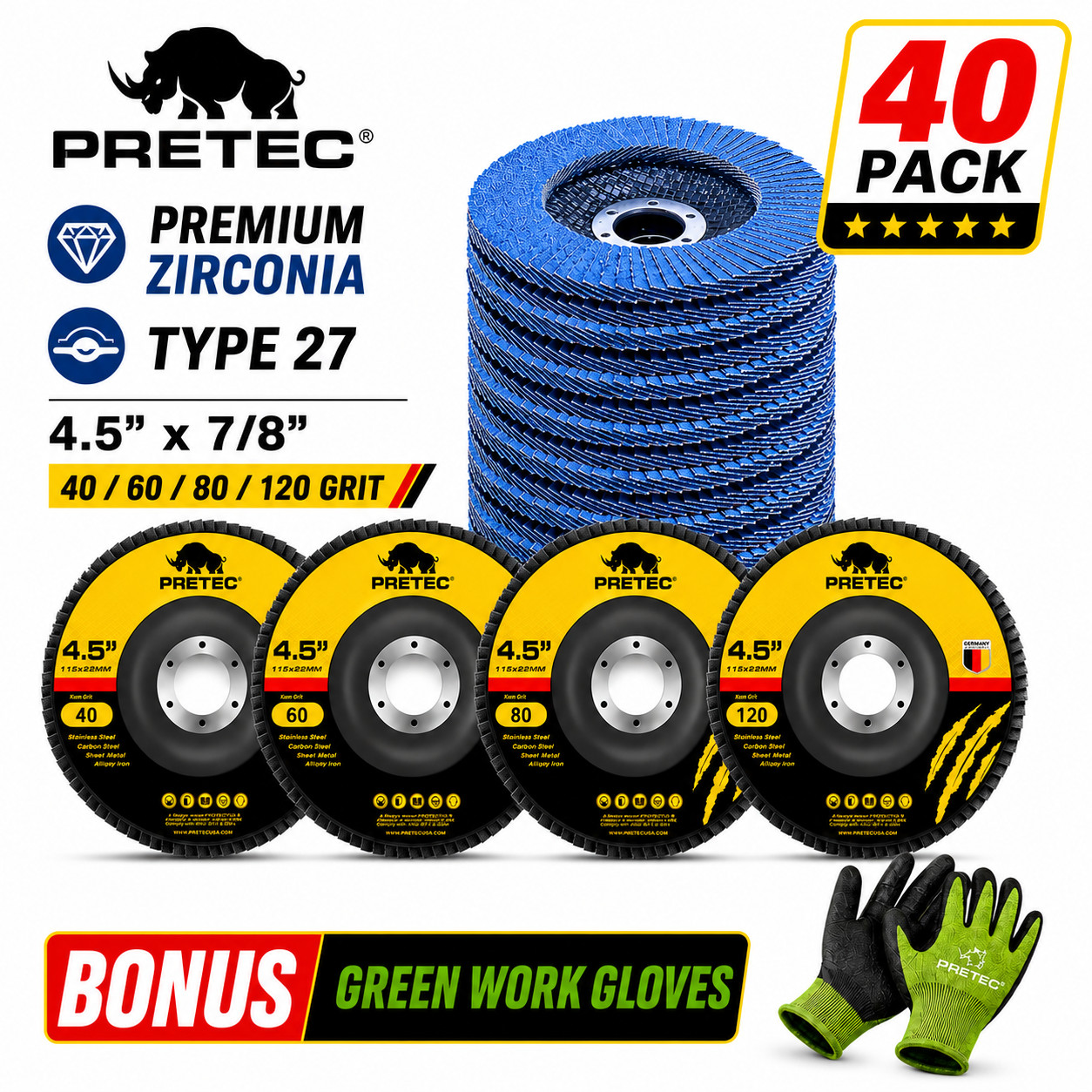 40 Pack 4.5″ 4-1/2 Zirconia Flap Discs 40 60 80 120 Grit Sanding Grinding Wheels