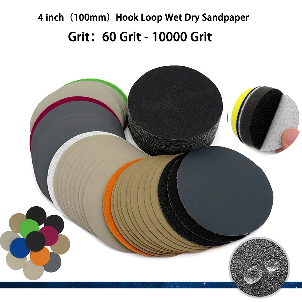 4inch（100mm）Hook Loop Sanding Discs 60 – 10000 Grit Wet Dry Sandpaper，Burnishing