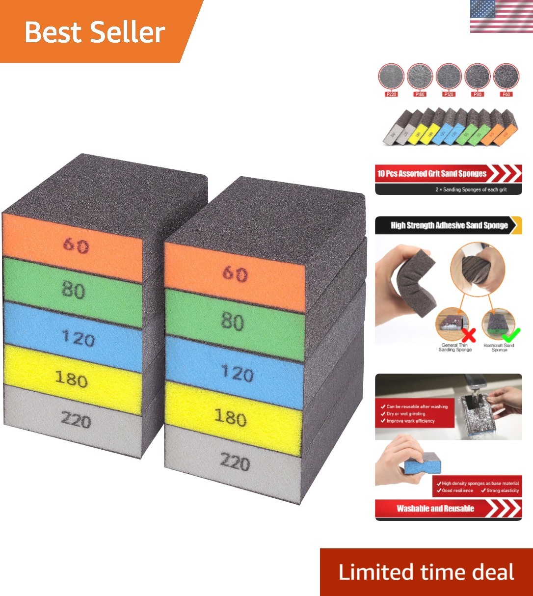 10-Piece Reusable Sanding Sponge Set – Grits 60/80/100/120/180/220 Assortment