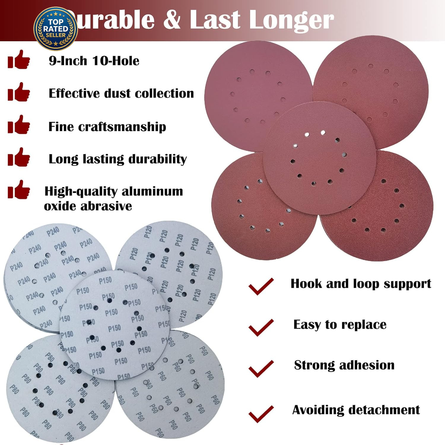 50 PCS 9-Inch 10-Hole Hook-And-Loop Sanding Discs for Drywall Sander -10 Pack Ea