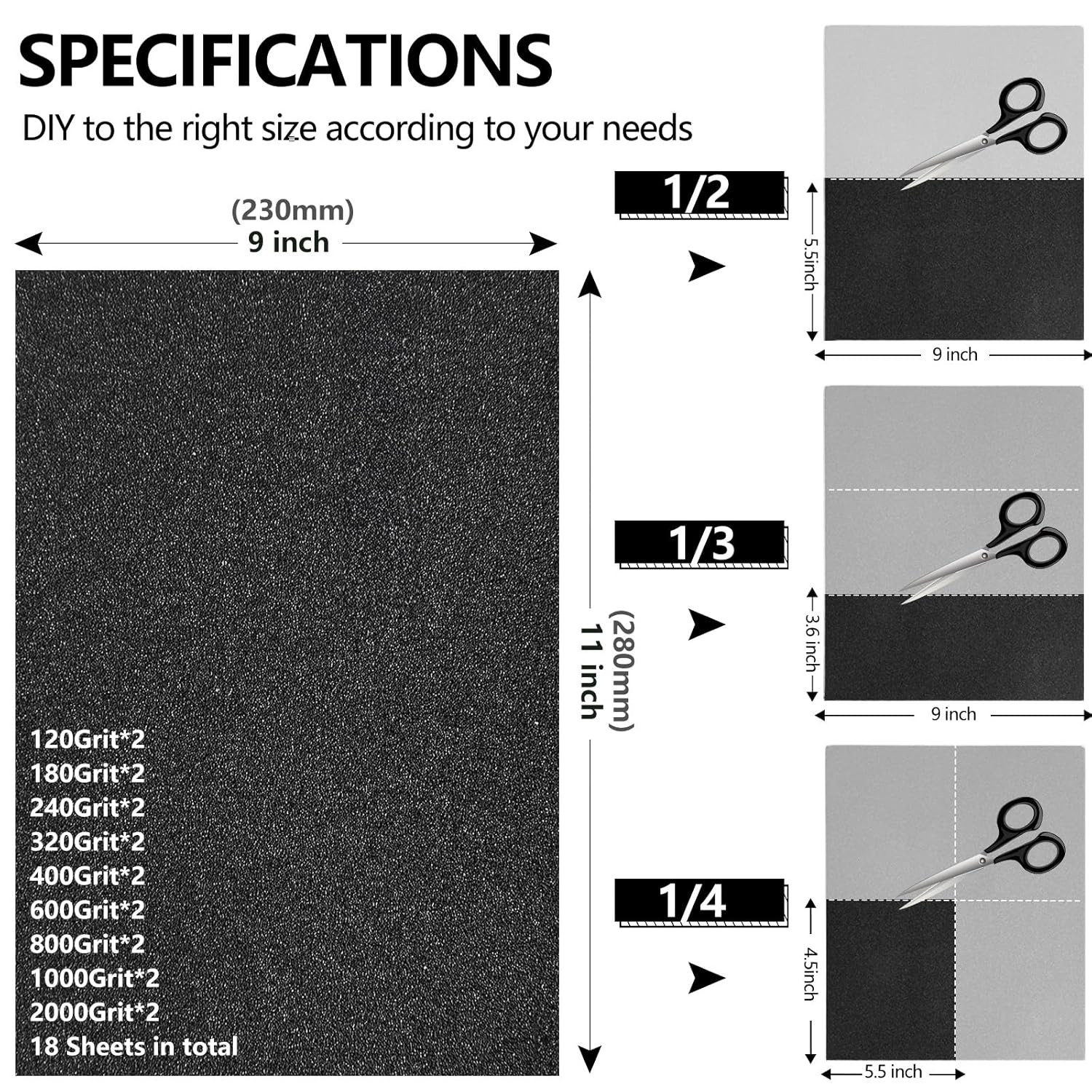 Sandpaper Assortment, 18 Sheets, 9 X 11 Inch Wet Dry Sand Paper, 120/180/240/320