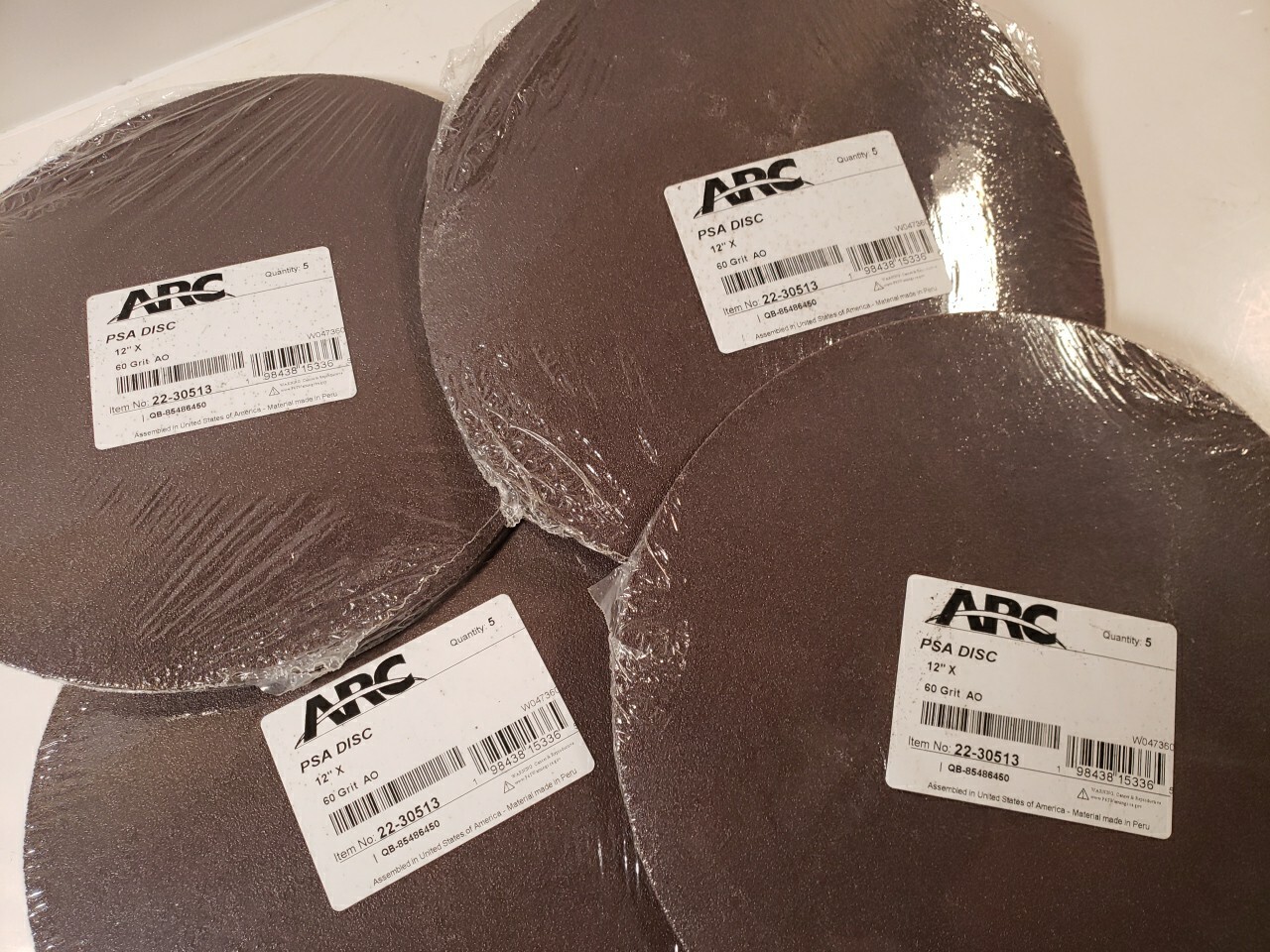 4pk ARC ABRASIVES PSA Sanding Disc: 12″ Dia, Non-Vacuum, 60 Grit, Aluminum Oxide