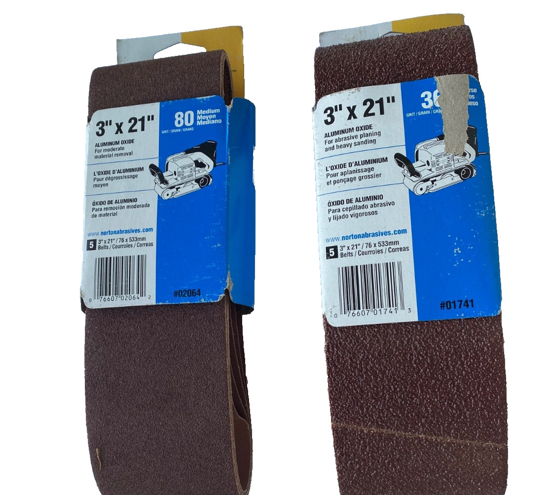 2 Pack Norton sanding belts, 3″ x 21″ , 80 grit & 36 grit- 10 Belts in Total