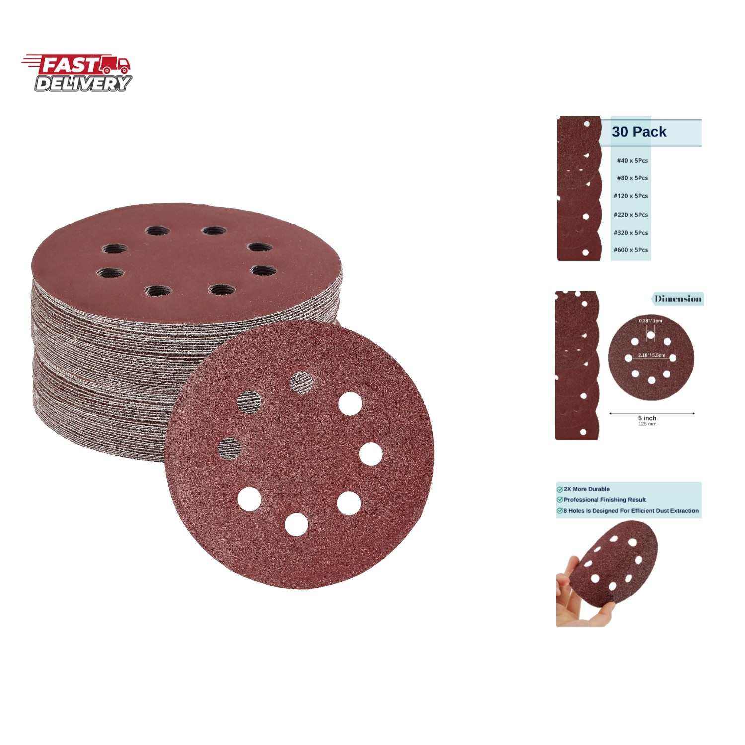 Bates- Sanding Discs 5 Inch 8 Hole, 30 Pack, Assorted Grits 40 80 120 220 320…