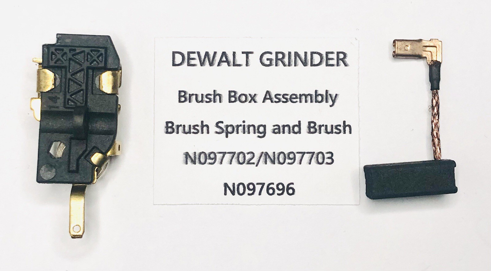 1 DeWalt Brush Box Assem. N097702 W/Spring N097703 and 1 Carbon Brush N097696