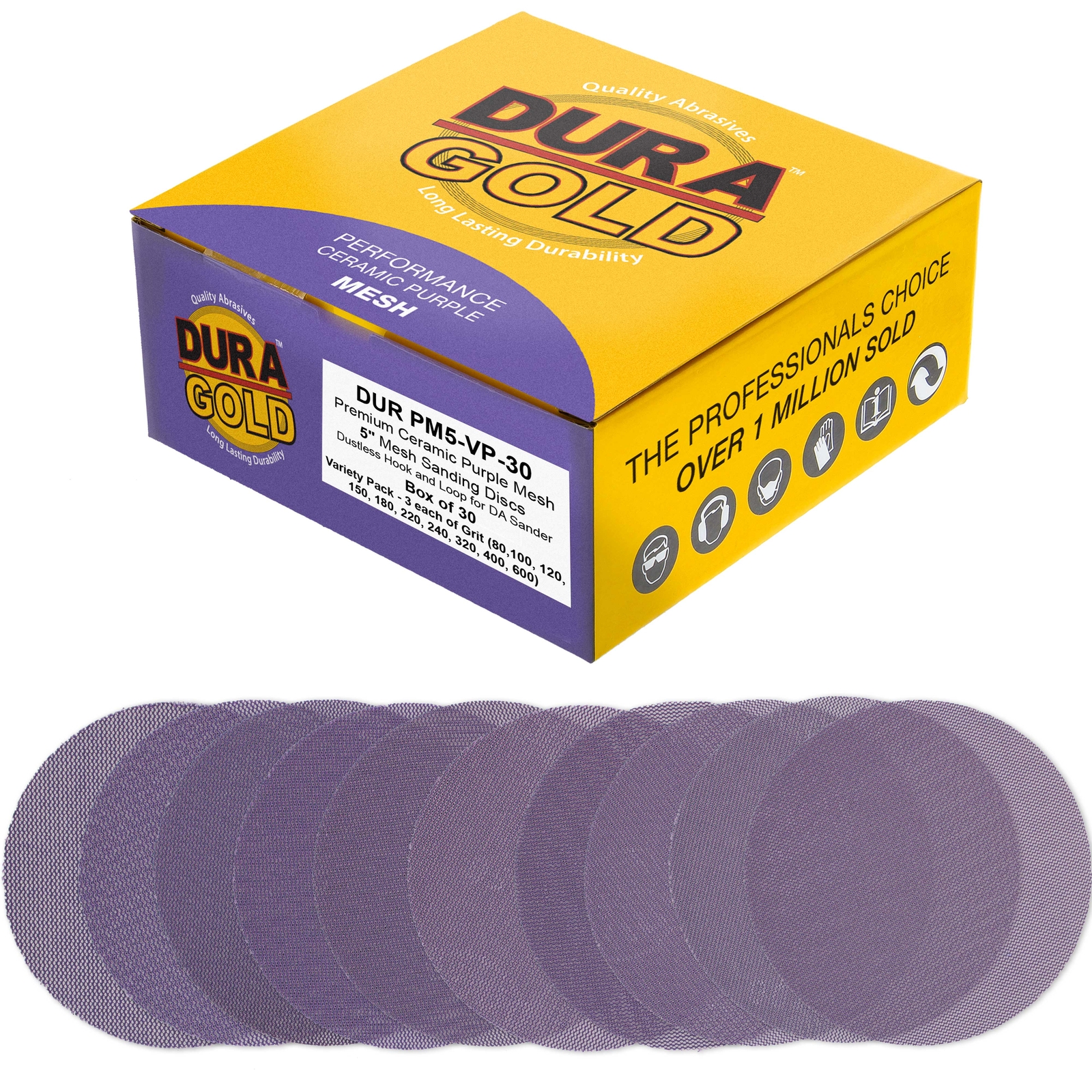 Dura-Gold Variety Pack 5″ Purple Ceramic Mesh Sanding Discs, 30 Disc