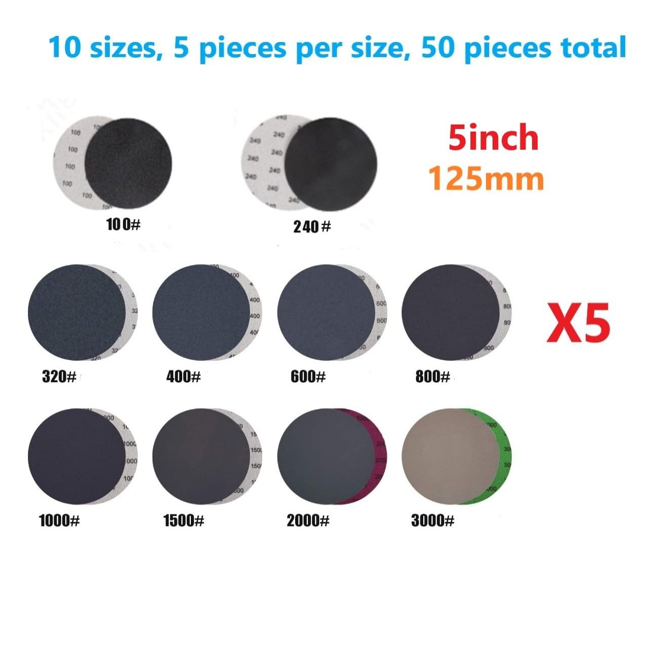 Wet Dry Sanding Discs 50 PCS 5 inch Sandpaper Set 100, 240, 320, 5 inches