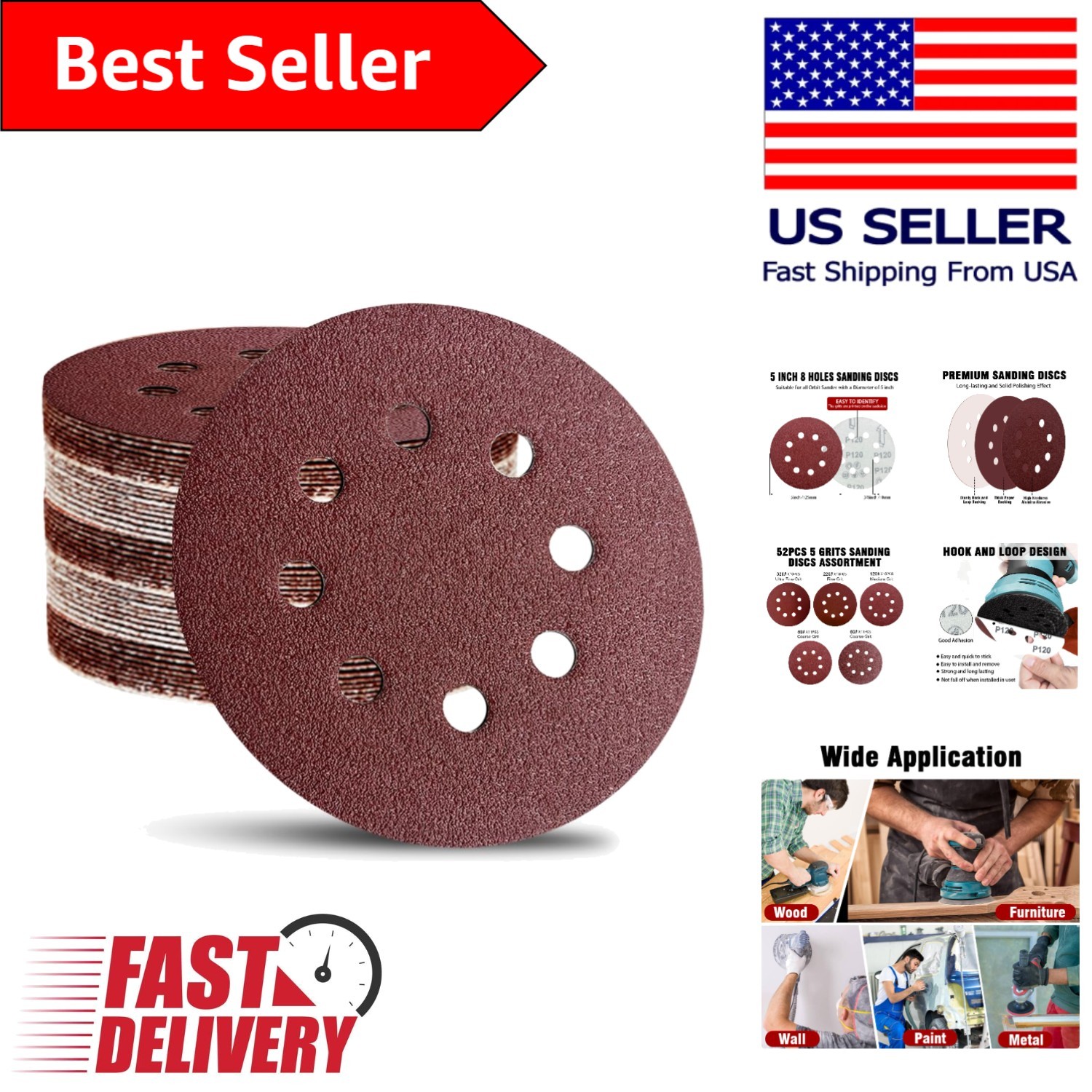 52 Pack 5-Inch Sanding Discs – Mixed Grits, Hook & Loop for Orbital Sanders