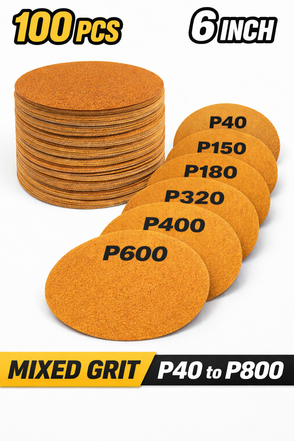 Mila Auto 6 Inch Sandpaper Disc 100 Pack Hook & Loop Orbital DA Grit 40-800