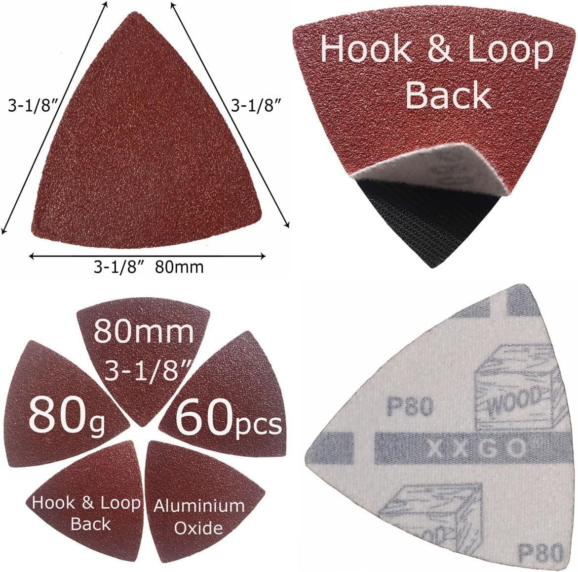 60 Pcs 80 Grits 3-1/8 Inch 80mm Triangle Oscillating Tool Sandpaper