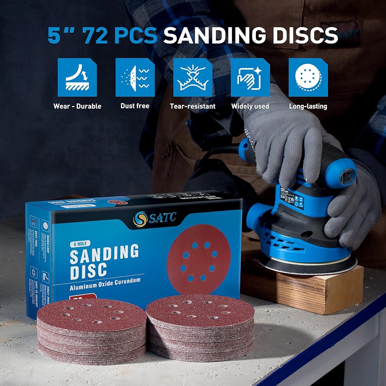 72 PCS 5 Inch 8 Hole Hook and Loop Adhesive Sanding Discs Sandpaper for Rando…