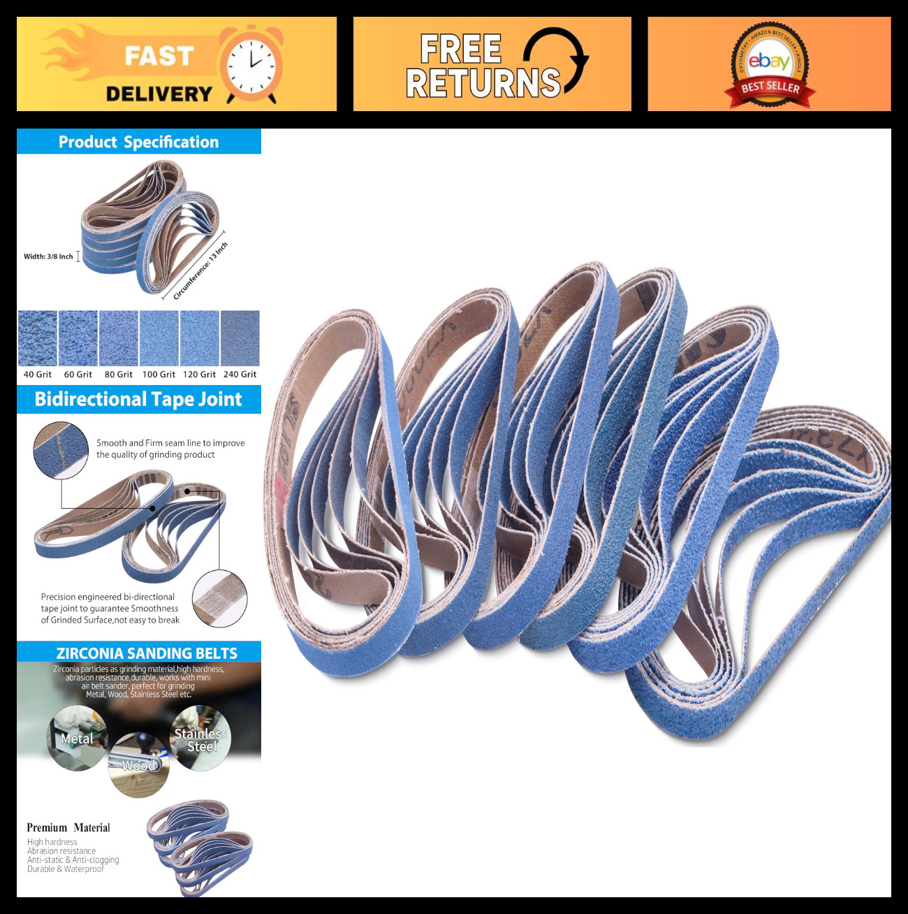 36 Pcs Sanding Belts 3/8″ x 13″ – Zirconia Grits 40-240 for Belt Sander, Metal U