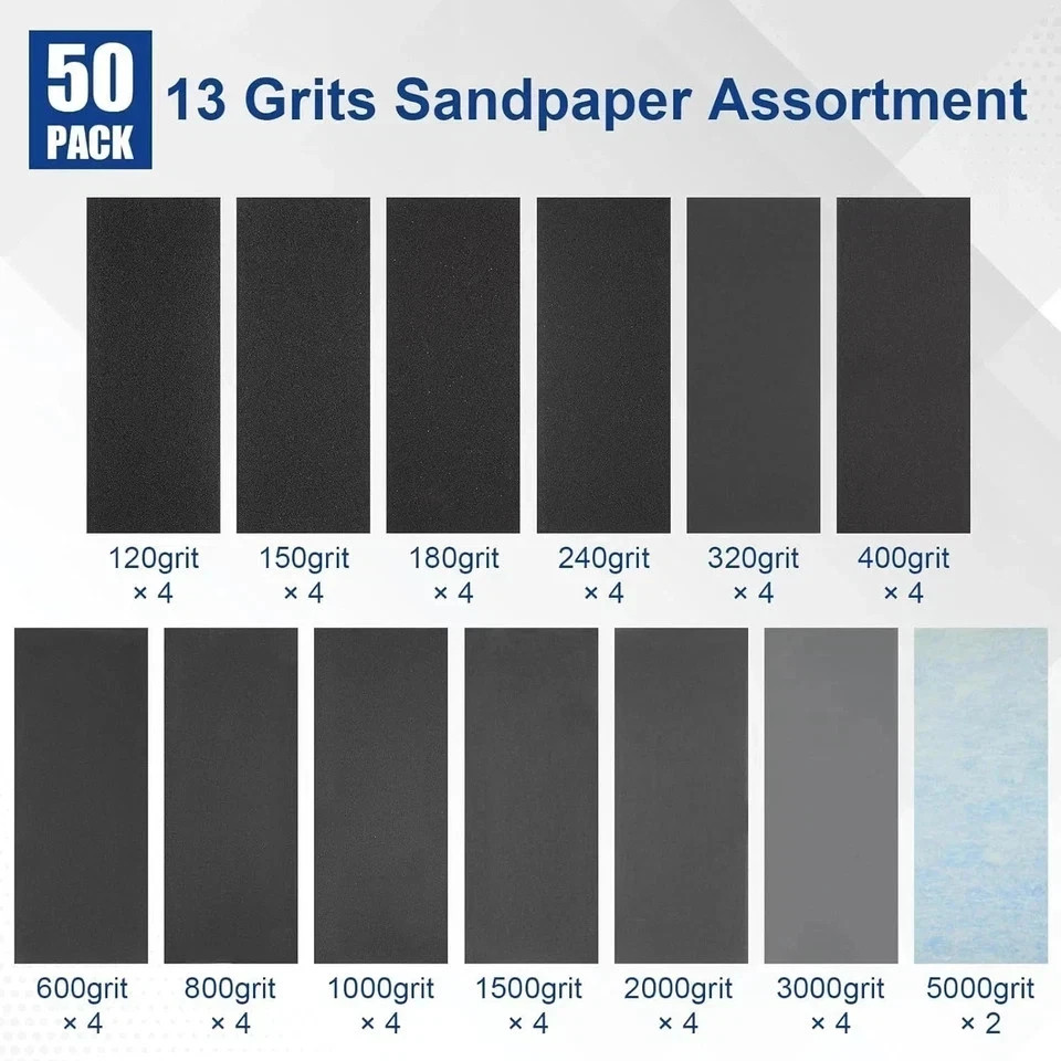 50 Pcs Sandpaper Sheets, 13 Grits 120–5000 Wet Dry Assortment for Wood & Metal