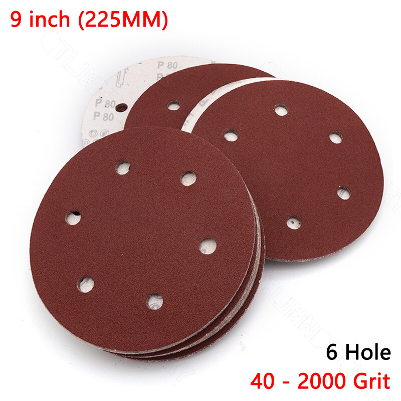 225mm 9″ Sanding Discs 40#-2000# Hook Loop 6-Hole Orbital Sander Paper Sandpaper