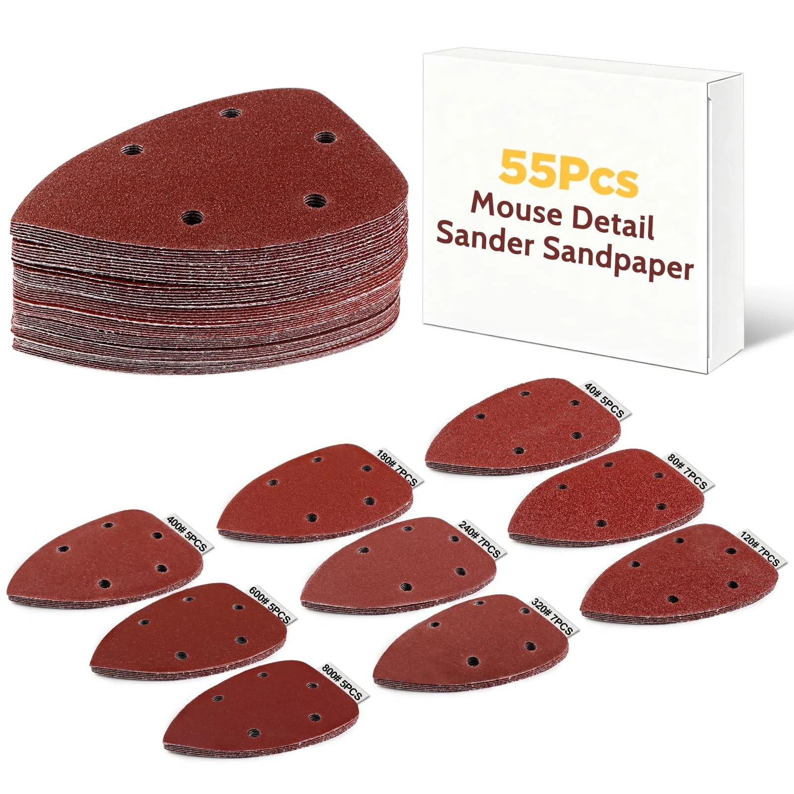55Pcs Mouse Detail Sander Sandpaper Premium Triangle Sanding Pads 9 Grits 40-800