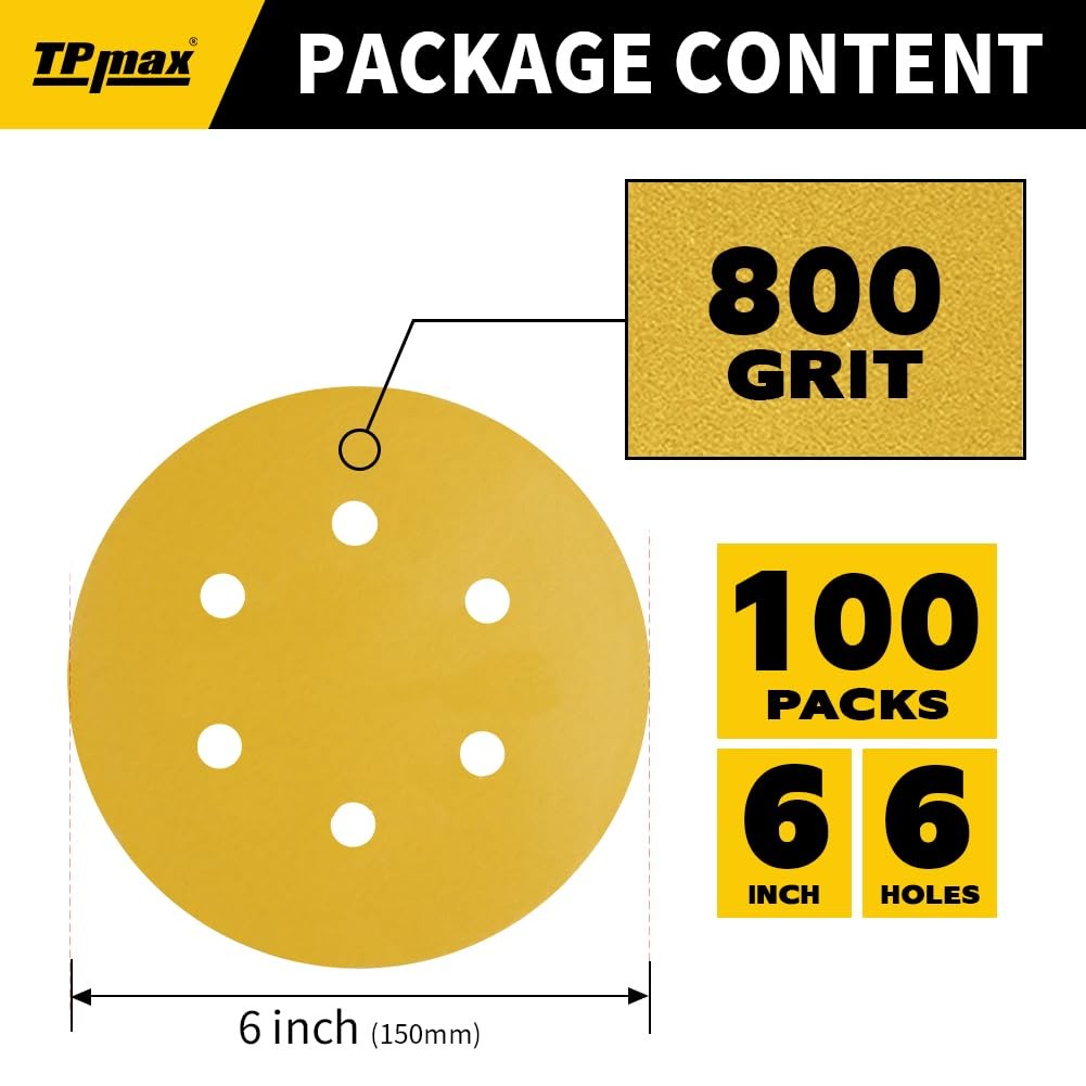 100PCS 6 Inch 800 Grit 150mm 6 Hole Sanding Discs Sandpaper – 6 Inch, Gold