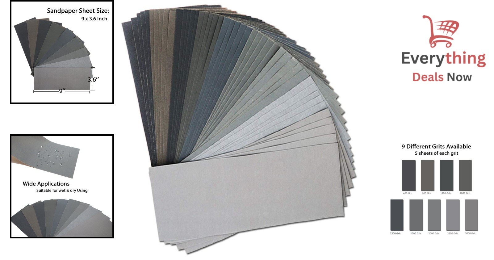 45Pcs Wet Dry Sandpaper Set Assorted 400-3000 Grit for Auto Wood Metal Polishing