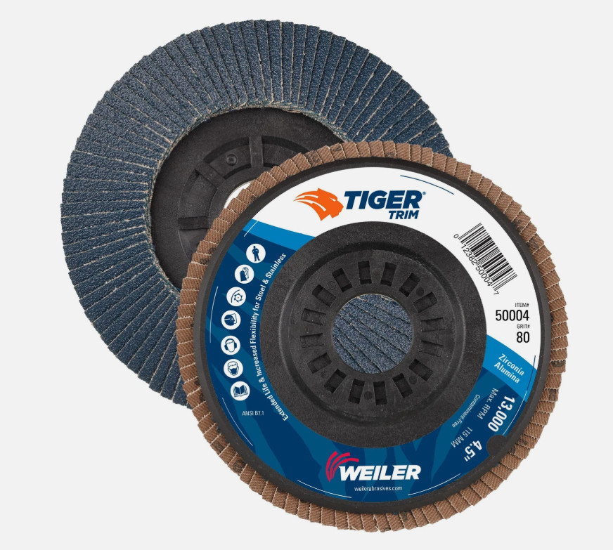 Weiler 50004 Tiger 7/8″ Arbor, 4-1/2″ Diameter, 80 Grit, Zirconium, Trimmable