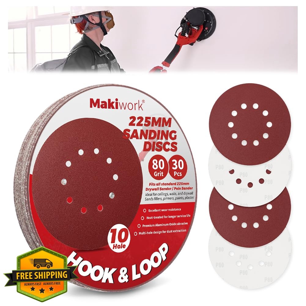 makiwork 30PCS 9″ 10-Hole 80 Grit Sanding Discs