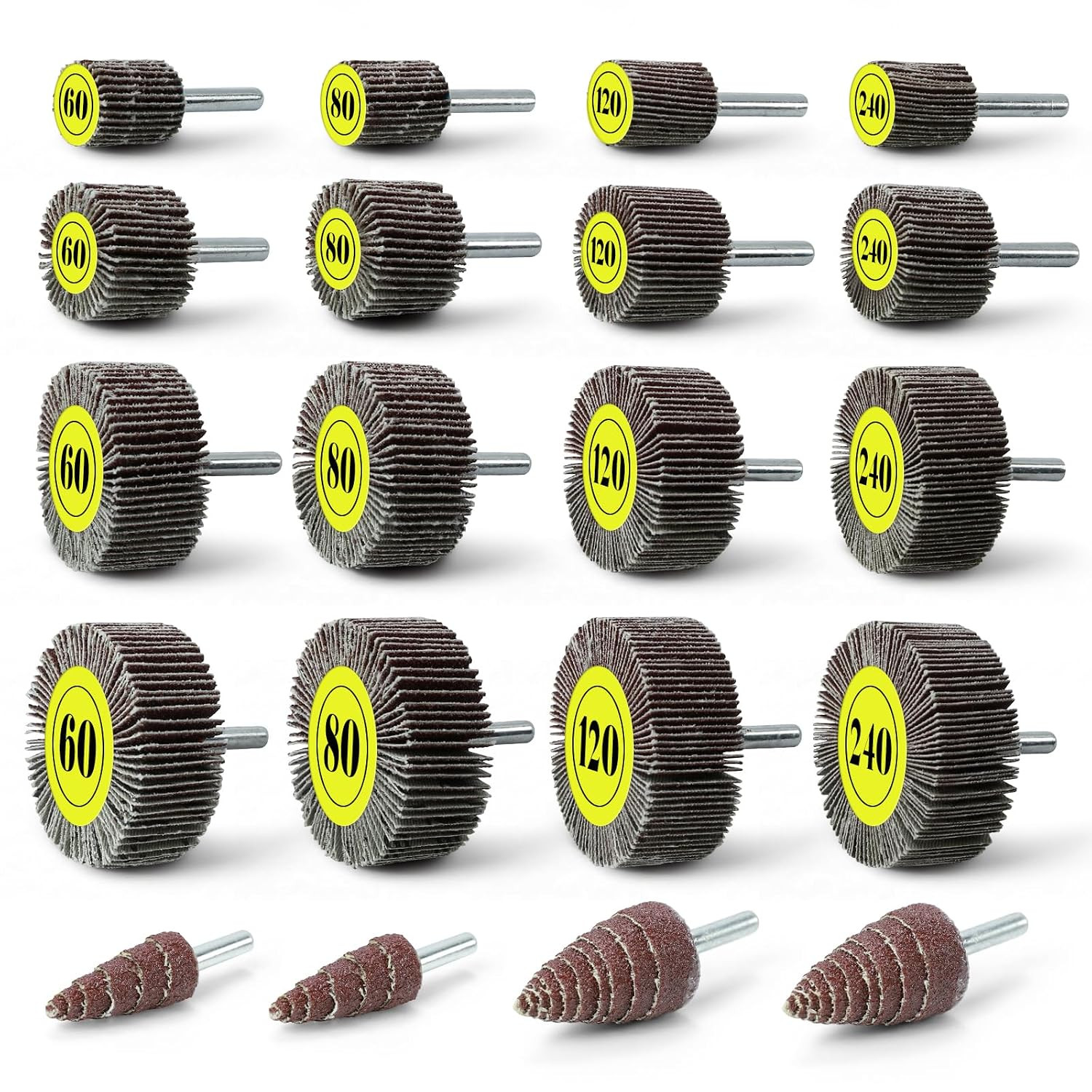 20 Pcs Flap Wheel Set Sanding Wheel for Drill 1/4″ Shank for Wood Metal | 6 Size