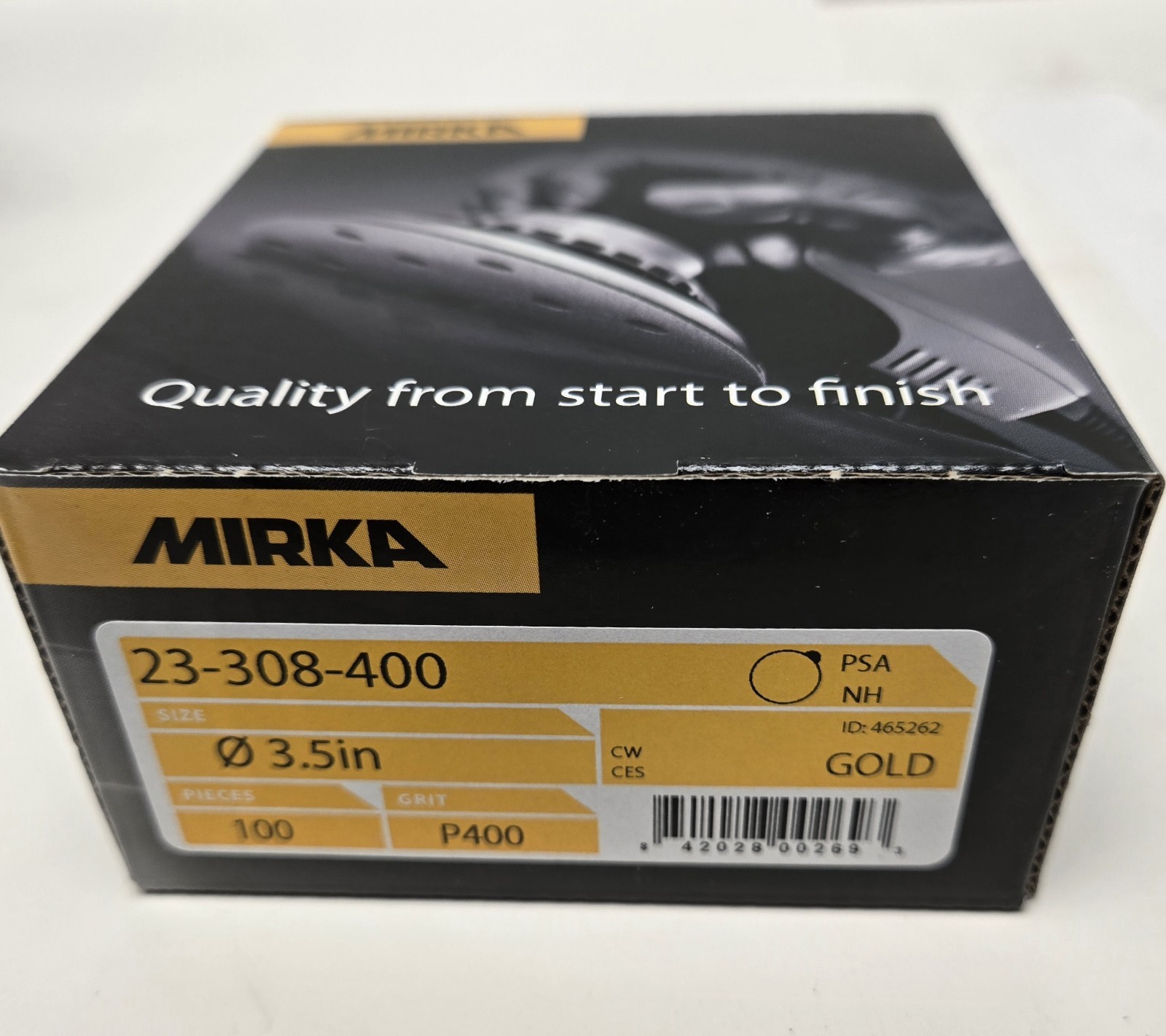 MIRKA SANDING DISCS 23-308-400. GOLD 3.5″, P400 GRIT. BOX OF 100.