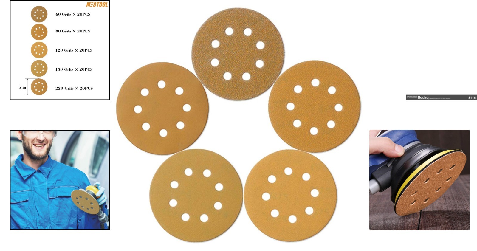Professional Sanding Discs 5-Inch Set, 100 Pieces with Anti-Clog Technology